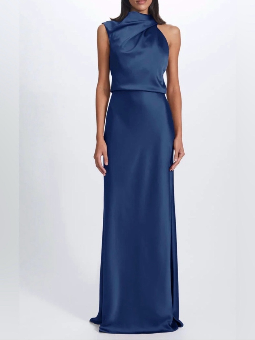 Amsale French Blue Satin High-Neck Maxi Gown